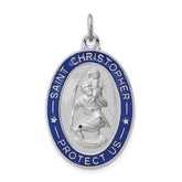 Sterling Silver Rhodium-plated Blue Enamel St. Christopher Medal Pendant, 35x20mm
